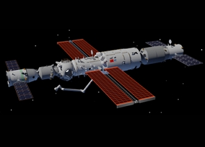 Čína - Vesmírná čínská stanice. - Počítačový model sestavy stanice během pobytu první posádky v létě 2021. Zleva Šen-čou 12, základní modul Tchien-che a nákladní loď Tchien-čou 2