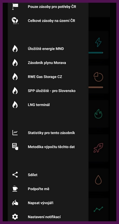 Mobilní aplikace "Stav zásobníků plynu v ČR" pro Android