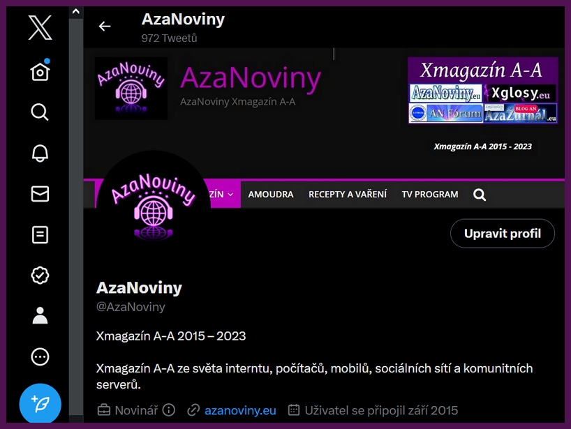 Profil AzaNovin s novým logem Twitteru písmenem X