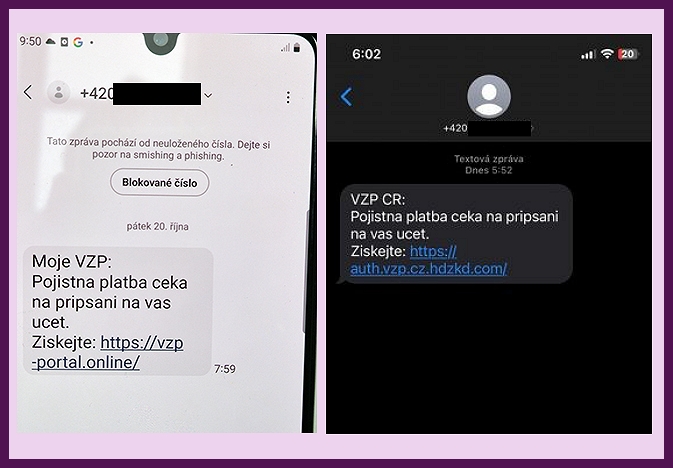Ukázky a příklady jak mohou vypadat falešné SMS od VZP