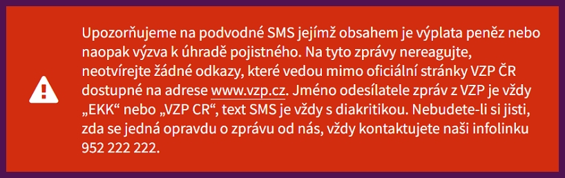 Varování a upozornění na falešné SMS od VZP na úvodní stránce pojišťovny
