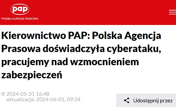 Web polské tiskové agentury PAP - Do polské agentury PAP se nabourali hackeři, vyšla dezinformace o mobilizaci